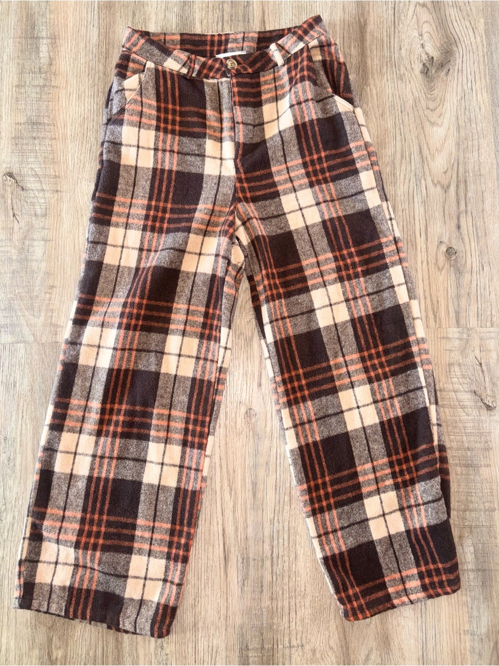 HYFVE Plaid Wide Leg Trousers Brown Orange Cream Size M High Rise Cozy